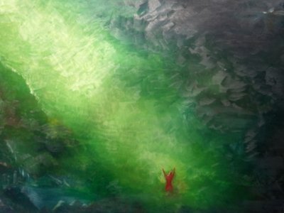 Everyone will see something else in this painting, and everyone is right. I painted it in an altered state of consciousness. I didn't know what I was going to paint. My hands seemed to have a life of their own; when I returned to my normal state of consciousness, I saw what you see now.